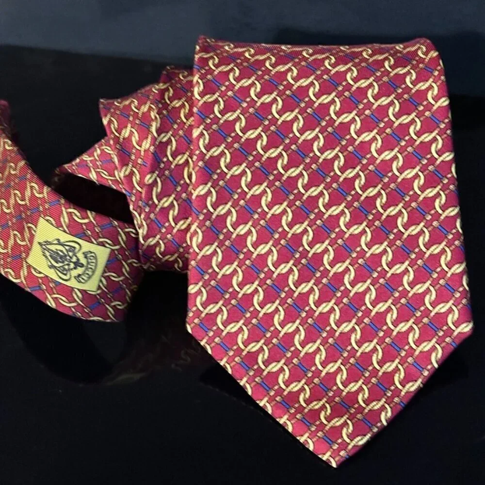 Gucci Logo Silk Tie Silver Red Gold Chain Plaid Chains Euc Mint Mens Man's Gift